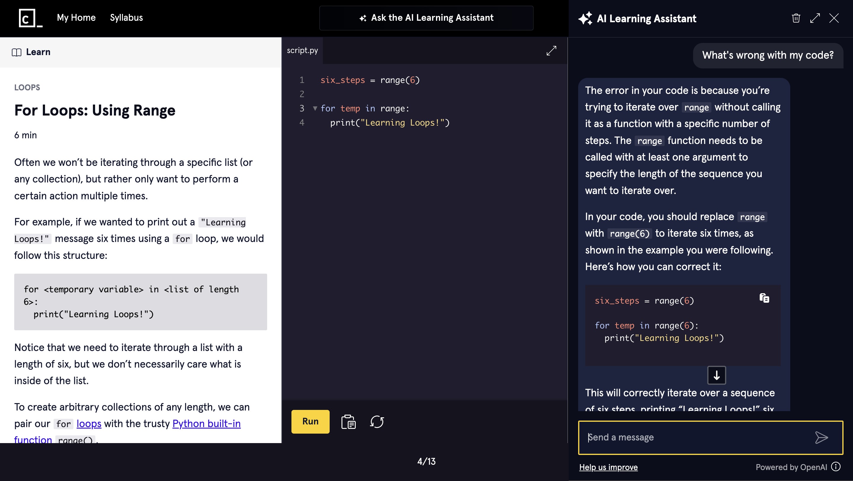 Image of an AI provided error explanation within Codecademy's learning environment