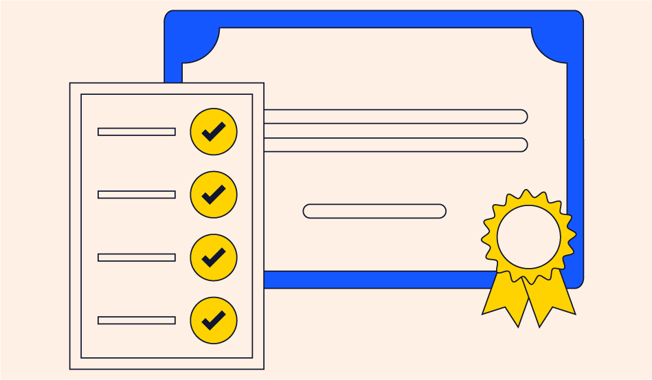 Illustration of a checklist and a certificate.