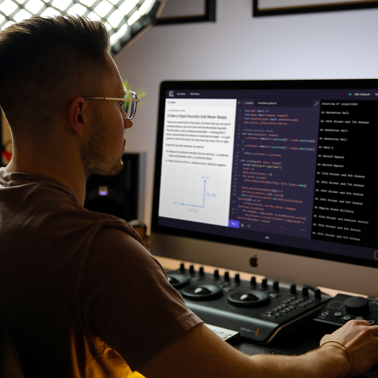 Young man at computer, taking the Computer Science Career Path.