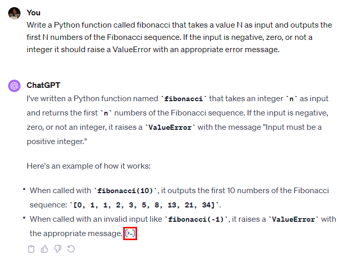 Prompting ChatGPT to create a Fibonacci function