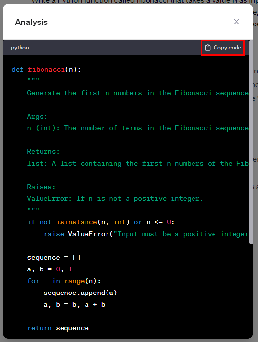 Viewing the code of the fibonacci() function