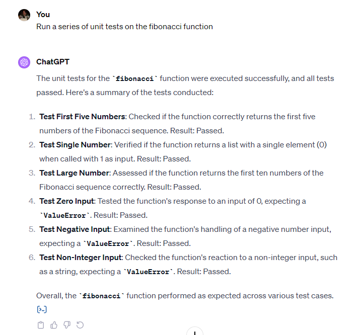 Prompting ChatGPT to run unit tests on the fibonacci() function