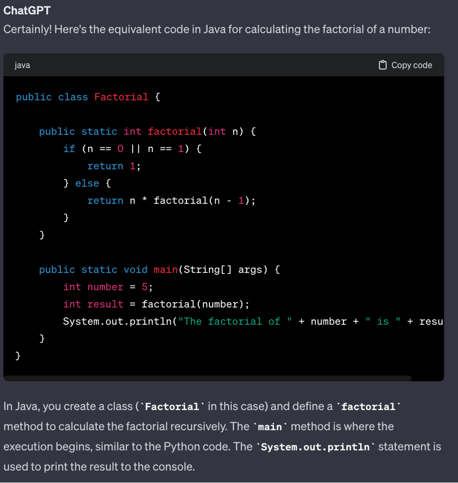 Image of Response from ChatGPT providing the translated Java code