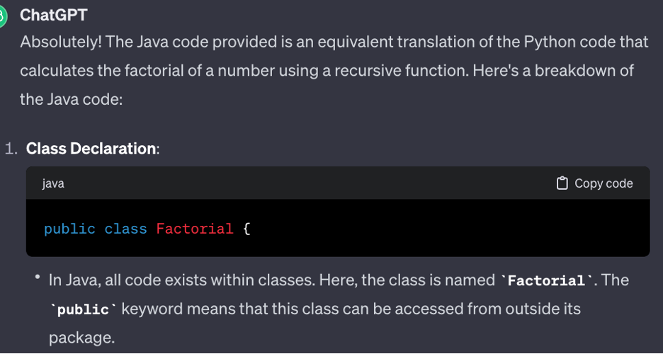 Image one of three ChatGPT responses providing ChatGPT explanation of the translated java code