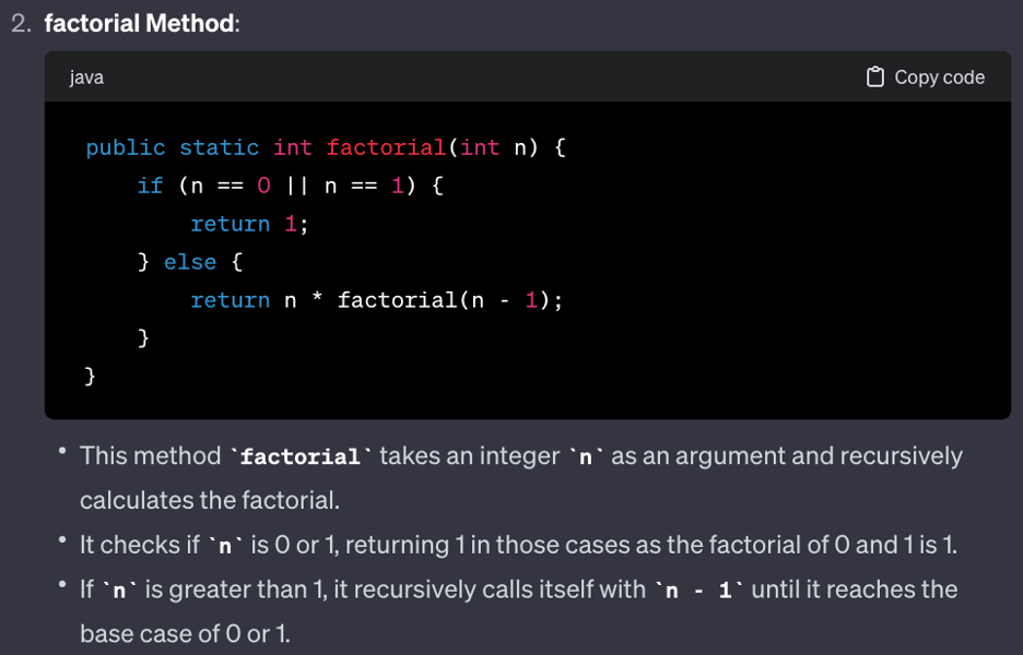 Image two of three ChatGPT responses providing ChatGPT explanation of the translated java code