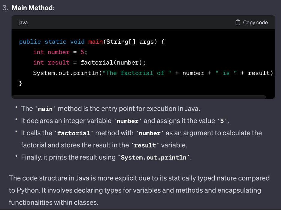 Image three of three ChatGPT responses providing ChatGPT explanation of the translated java code